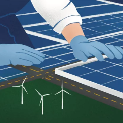 Illustration of hands placing solar panels with intersection of panels a crossroad and one corner field containing wind turbines